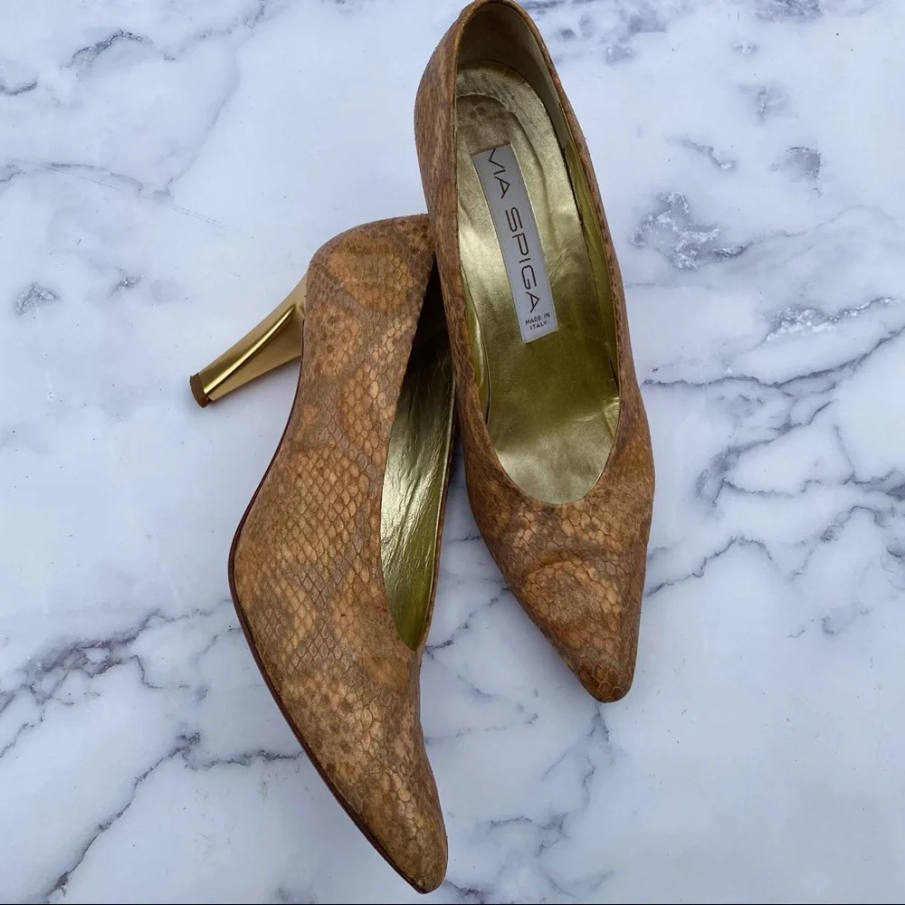 Via Spiga Leather Metallic Snake Skin Heels Pumps - Picture 2 of 8